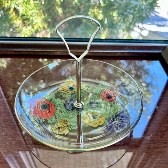 Vintage Chance Glass Anemone Flowers Pattern Small Tidbit Tray / Trinket Dish - Picture 4 of 14